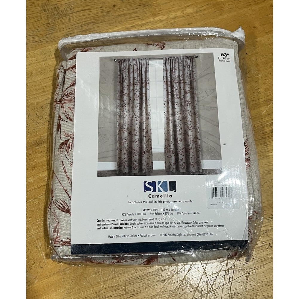 SKL Camellia Red Beige‎ Floral Linen Curtain Panels 54x63" Country Cottage